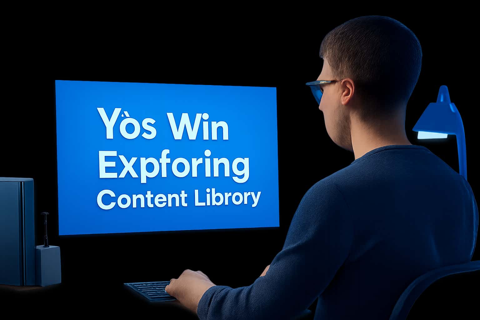 A high-tech visual representation of the Yos Win Content Library.