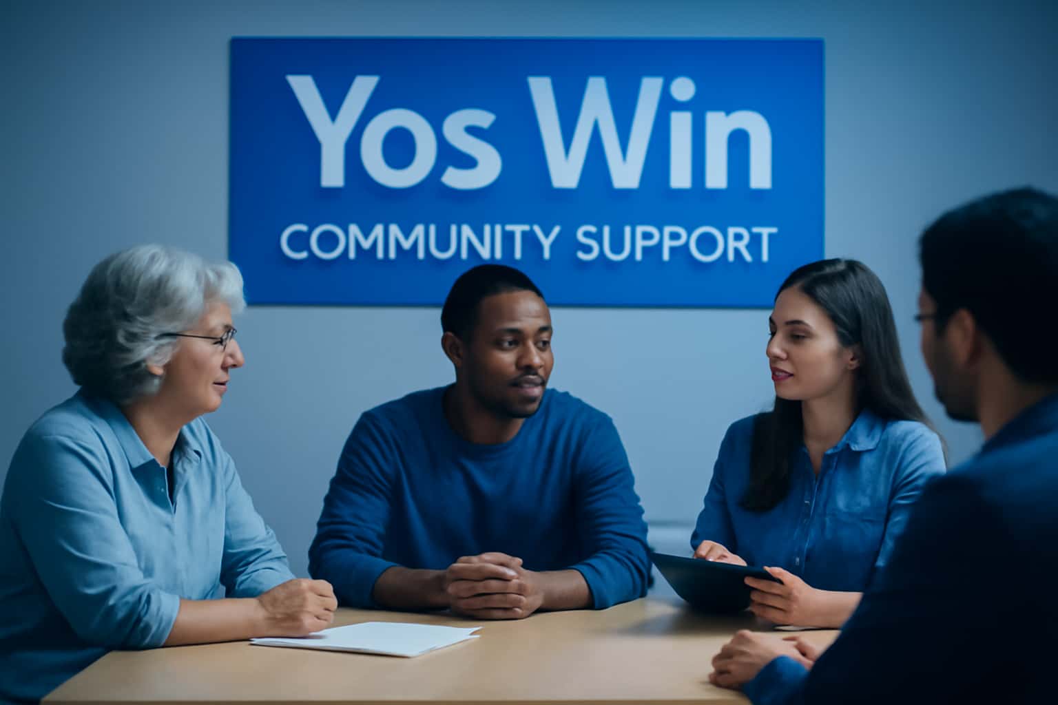 Hero image illustrating Yos Win Community Support with a professional design.